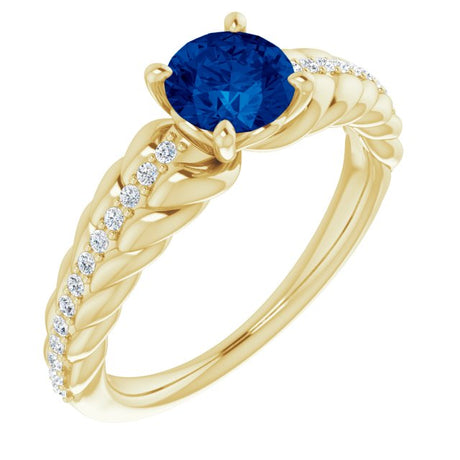 14K Gold Round Natural Blue Sapphire & Natural Diamond Accented Rope Ring - Yellow Gold