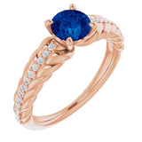 14K Gold Round Natural Blue Sapphire & Natural Diamond Accented Rope Ring - Rose Gold
