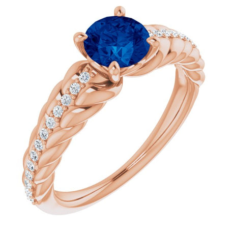 14K Gold Round Natural Blue Sapphire & Natural Diamond Accented Rope Ring - Rose Gold