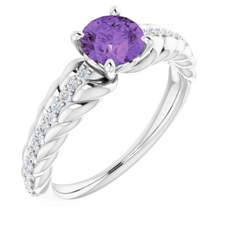 Platinum Round Natural Amethyst & Natural Diamond Accented Rope Ring