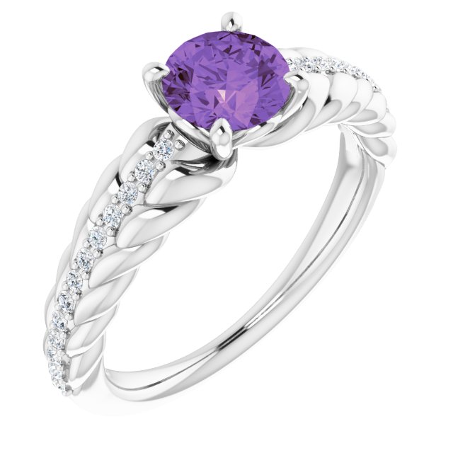 14K Gold Round Natural Amethyst & Natural Diamond Accented Rope Ring - White Gold