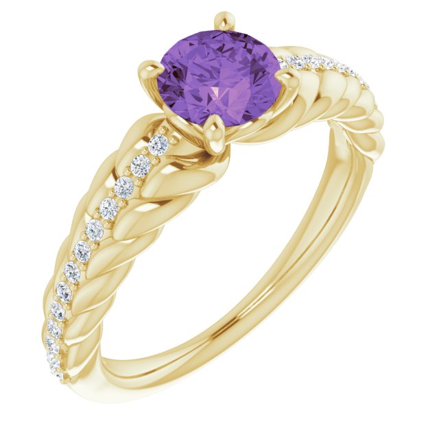 14K Gold Round Natural Amethyst & Natural Diamond Accented Rope Ring - Yellow Gold