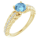 14K Gold Round Natural Aquamarine & Natural Diamond Accented Rope Ring - Yellow Gold