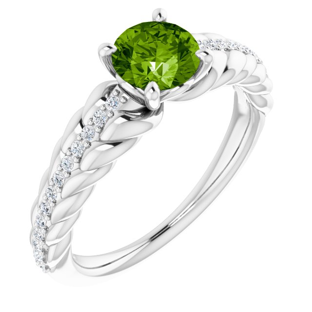 14K Gold Round Natural Peridot & Natural Diamond Accented Rope Ring - White Gold