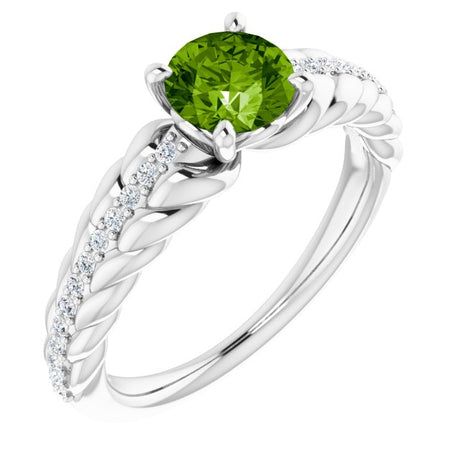 Platinum Round Natural Peridot & Natural Diamond Accented Rope Ring