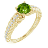 14K Gold Round Natural Peridot & Natural Diamond Accented Rope Ring - Yellow Gold