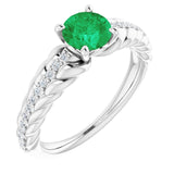 Platinum Round Natural Emerald & Natural Diamond Accented Rope Ring