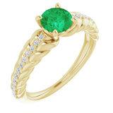 14K Gold Round Natural Emerald & Natural Diamond Accented Rope Ring - Yellow Gold