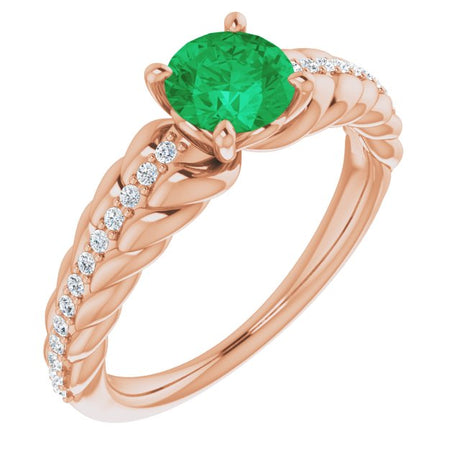 14K Gold Round Natural Emerald & Natural Diamond Accented Rope Ring - Rose Gold