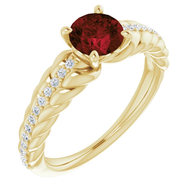 14K Gold Round Natural Mozambique Garnet & Natural Diamond Accented Rope Ring - Yellow Gold