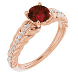 14K Gold Round Natural Mozambique Garnet & Natural Diamond Accented Rope Ring - Rose Gold