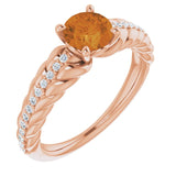 14K Gold Round Natural Citrine & Natural Diamond Accented Rope Ring - Rose Gold