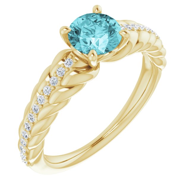 14K Gold Round Natural Blue Zircon & Natural Diamond Accented Rope Ring - Yellow Gold