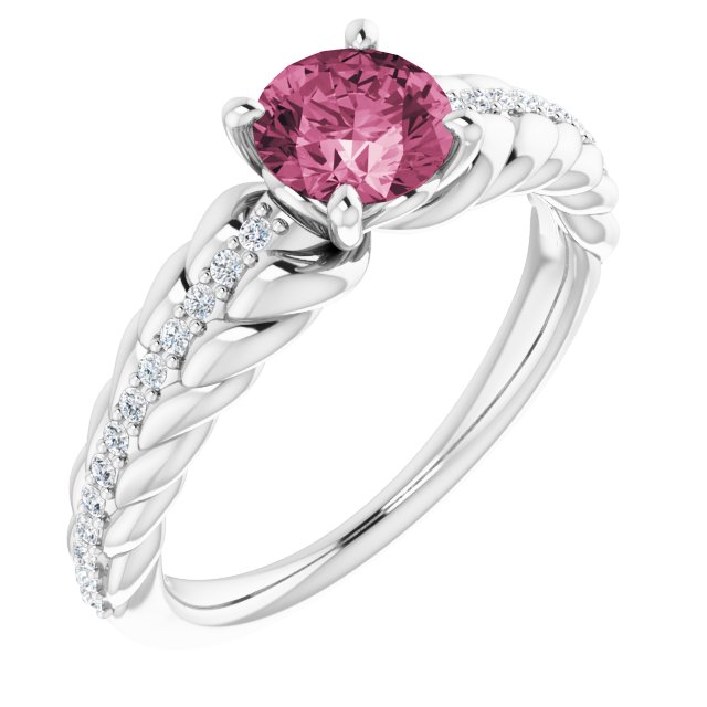 Platinum Round Natural Pink Tourmaline & Natural Diamond Accented Rope Ring