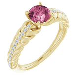 14K Gold Round Natural Pink Tourmaline & Natural Diamond Accented Rope Ring - Yellow Gold