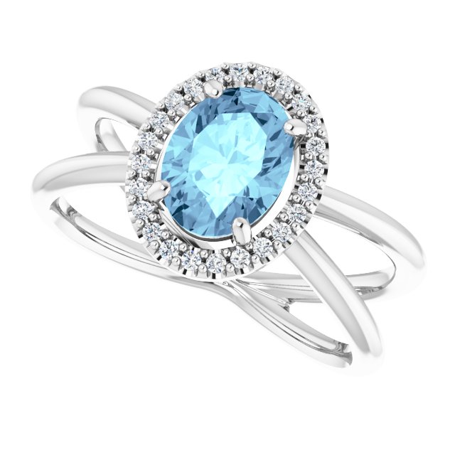 Platinum Oval Natural Aquamarine & Natural Diamond Halo-Style Ring – 8x6mm - view 5