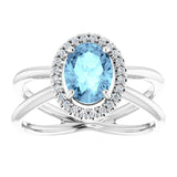 Platinum Oval Natural Aquamarine & Natural Diamond Halo-Style Ring – 8x6mm - view 3