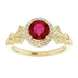 14K Gold Round Lab-Grown Ruby & Natural Diamond Halo-Style Ring – 6mm Stones - Yellow Gold - view 3