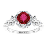 14K Gold Round Lab-Grown Ruby & Natural Diamond Halo-Style Ring – 6mm Stones - White Gold - view 3