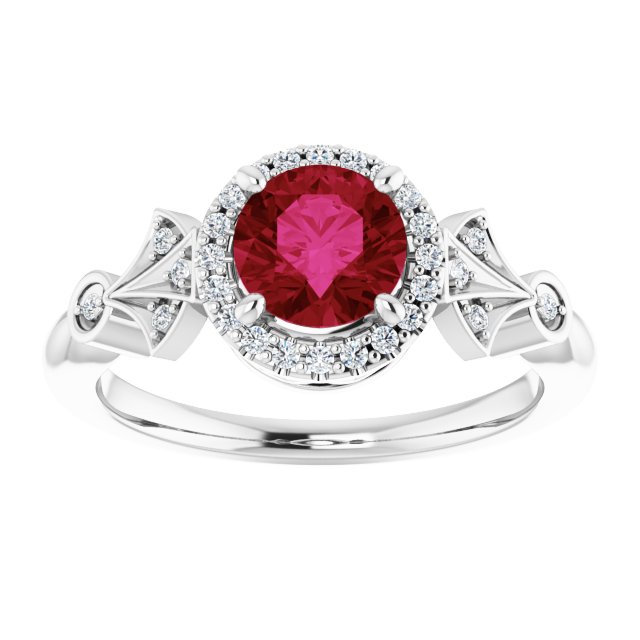 14K Gold Round Lab-Grown Ruby & Natural Diamond Halo-Style Ring – 6mm Stones - White Gold - view 3