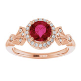 14K Gold Round Lab-Grown Ruby & Natural Diamond Halo-Style Ring – 6mm Stones - Rose Gold - view 3