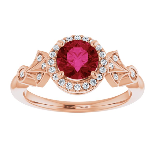 14K Gold Round Lab-Grown Ruby & Natural Diamond Halo-Style Ring – 6mm Stones - Rose Gold - view 3