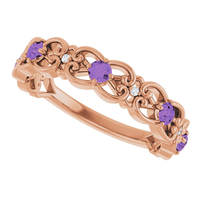 14K Gold Round Natural Amethyst Vintage-Inspired Scroll Ring - Rose Gold - view 10