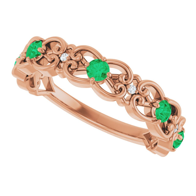 14K Gold Round Lab-Grown Emerald Vintage-Inspired Scroll Ring - Rose Gold - view 10