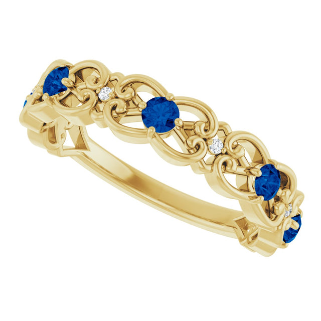 14K Gold Round Lab-Grown Blue Sapphire Vintage-Inspired Scroll Ring - Yellow Gold - view 10