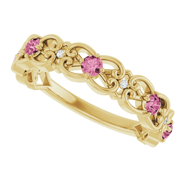 14K Gold Round Natural Pink Tourmaline Vintage-Inspired Scroll Ring - Yellow Gold - view 10