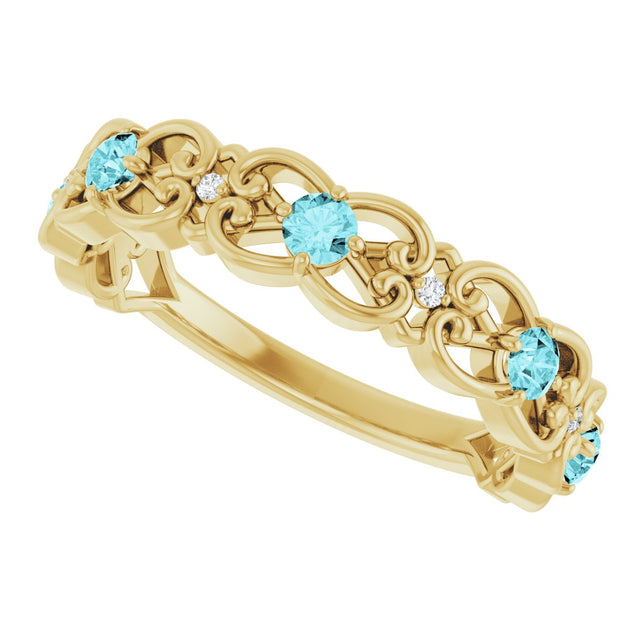 14K Gold Round Natural Blue Zircon Vintage-Inspired Scroll Ring - Yellow Gold - view 10