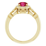 14K Gold Round Lab-Grown Ruby & Natural Diamond Halo-Style Ring – 6mm Stones - Yellow Gold - view 2