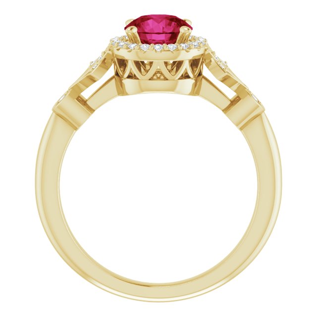 14K Gold Round Lab-Grown Ruby & Natural Diamond Halo-Style Ring – 6mm Stones - Yellow Gold - view 2