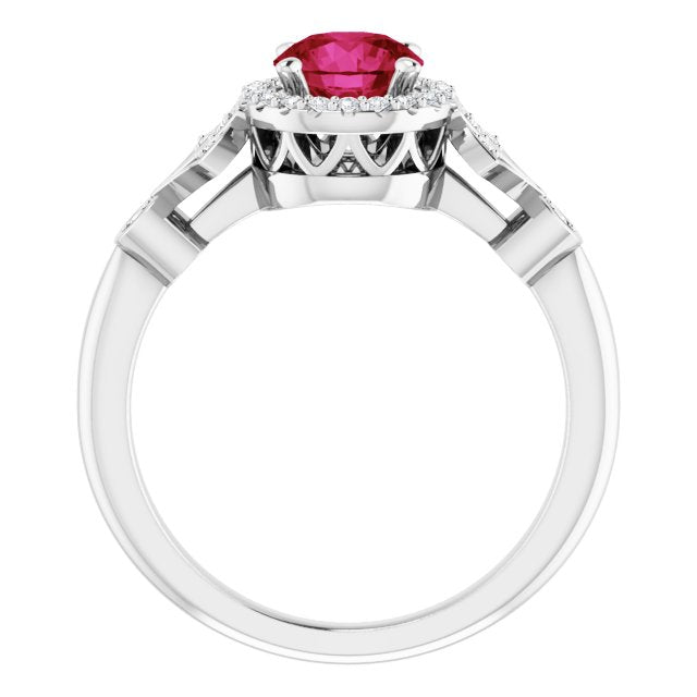 Platinum Round Lab-Grown Ruby & Natural Diamond Halo-Style Ring - view 2