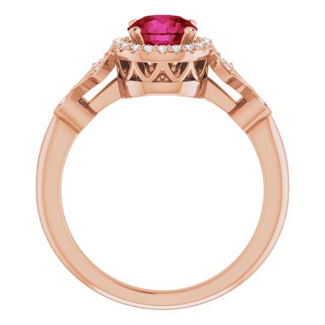 14K Gold Round Lab-Grown Ruby & Natural Diamond Halo-Style Ring – 6mm Stones - Rose Gold - view 2