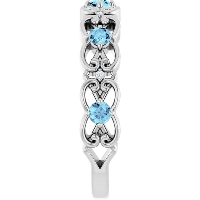 14K Gold Round Natural Aquamarine Vintage-Inspired Scroll Ring - White Gold - view 9