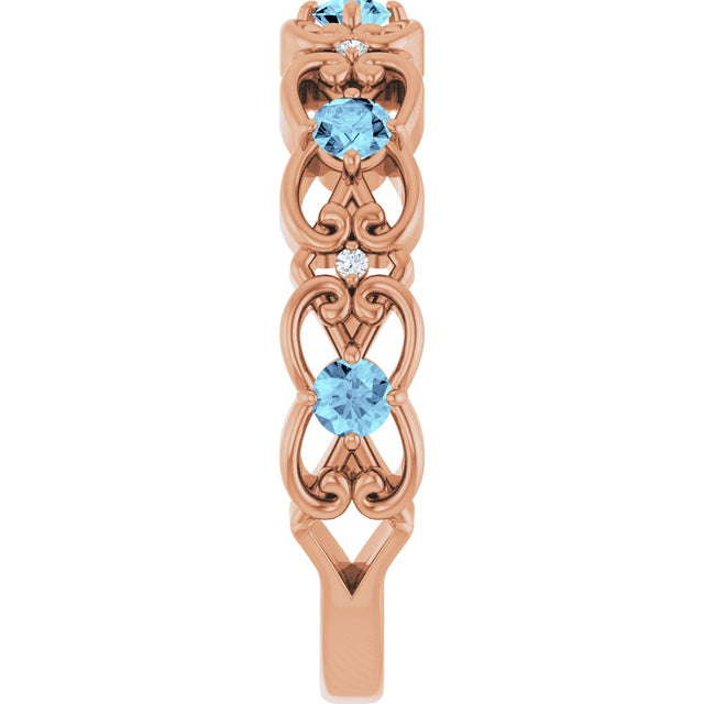 14K Gold Round Natural Aquamarine Vintage-Inspired Scroll Ring - Rose Gold - view 9