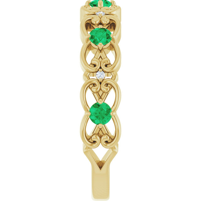 14K Gold Round Natural Emerald Vintage-Inspired Scroll Ring - Yellow Gold - view 9