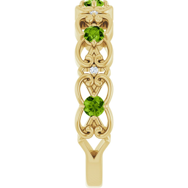 14K Gold Round Natural Peridot Vintage-Inspired Scroll Ring - Yellow Gold - view 9