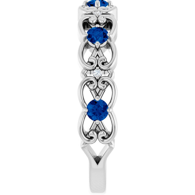 14K Gold Round Natural Blue Sapphire Vintage-Inspired Scroll Ring - White Gold - view 9