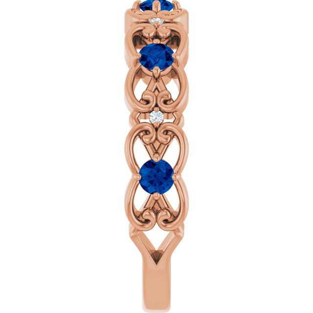 14K Gold Round Lab-Grown Blue Sapphire Vintage-Inspired Scroll Ring - Rose Gold - view 9