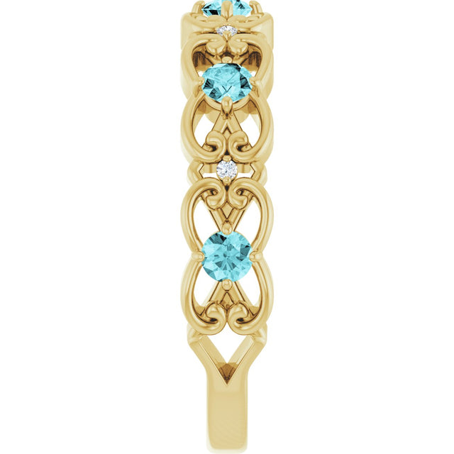 14K Gold Round Natural Blue Zircon Vintage-Inspired Scroll Ring - Yellow Gold - view 9
