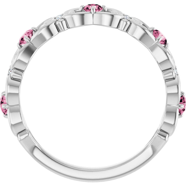 14K Gold Round Natural Pink Tourmaline Vintage-Inspired Scroll Ring - White Gold - view 7