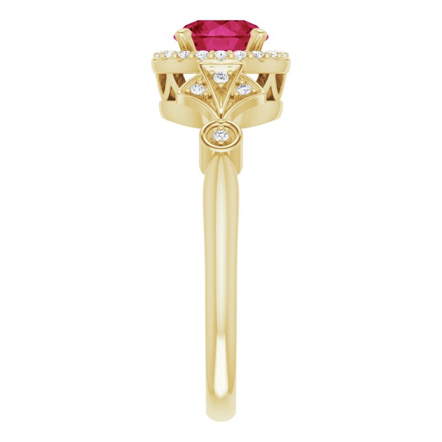 14K Gold Round Lab-Grown Ruby & Natural Diamond Halo-Style Ring – 6mm Stones - Yellow Gold - view 4