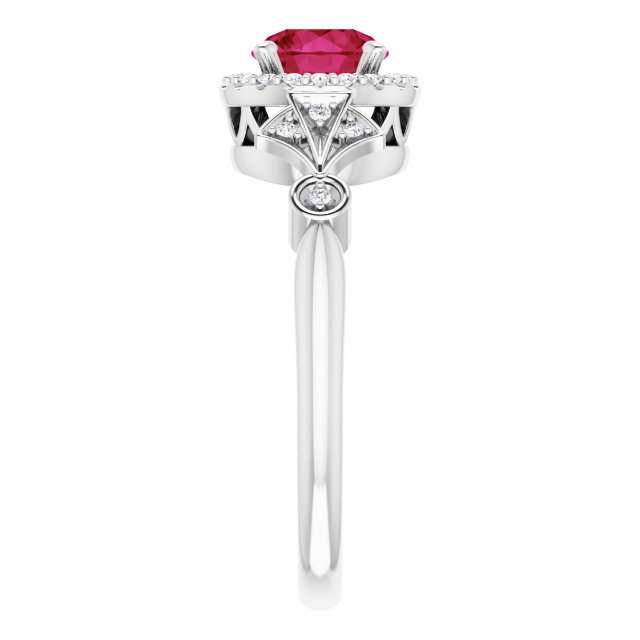 14K Gold Round Lab-Grown Ruby & Natural Diamond Halo-Style Ring – 6mm Stones - White Gold - view 4