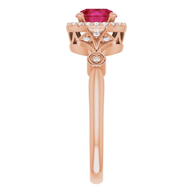 14K Gold Round Lab-Grown Ruby & Natural Diamond Halo-Style Ring – 6mm Stones - Rose Gold - view 4