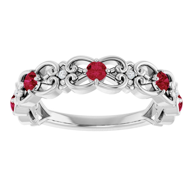 14K Gold Round Lab-Grown Ruby Vintage-Inspired Scroll Ring - White Gold - view 8