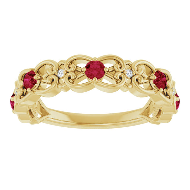 14K Gold Round Lab-Grown Ruby Vintage-Inspired Scroll Ring - Yellow Gold - view 8