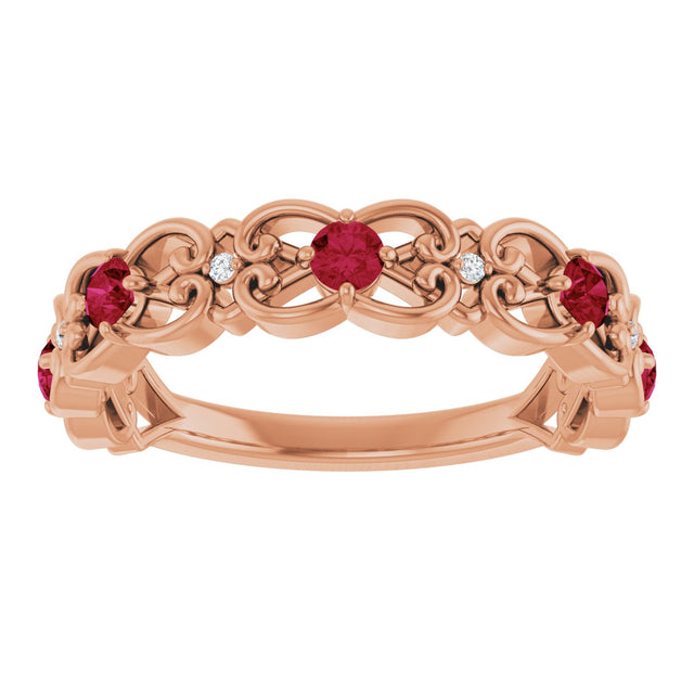 14K Gold Round Lab-Grown Ruby Vintage-Inspired Scroll Ring - Rose Gold - view 8