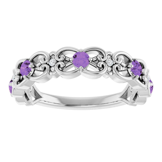 14K Gold Round Natural Amethyst Vintage-Inspired Scroll Ring - White Gold - view 8